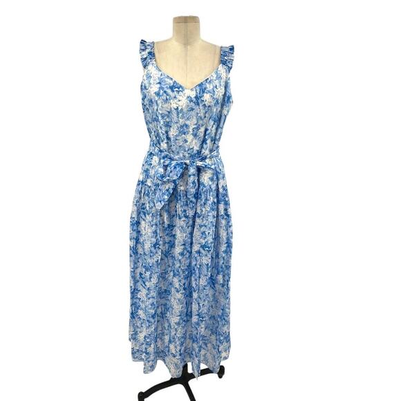 Intermix Jude Floral Print Midi Dress White Blue Cotton Silk Size 14 - Picture 2 of 16